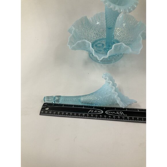 FENTON Glass 10" Flower EPERGNE Sea Blue Opalescent Hobnail Diamond Lace, MINT!! - Picture 9 of 16